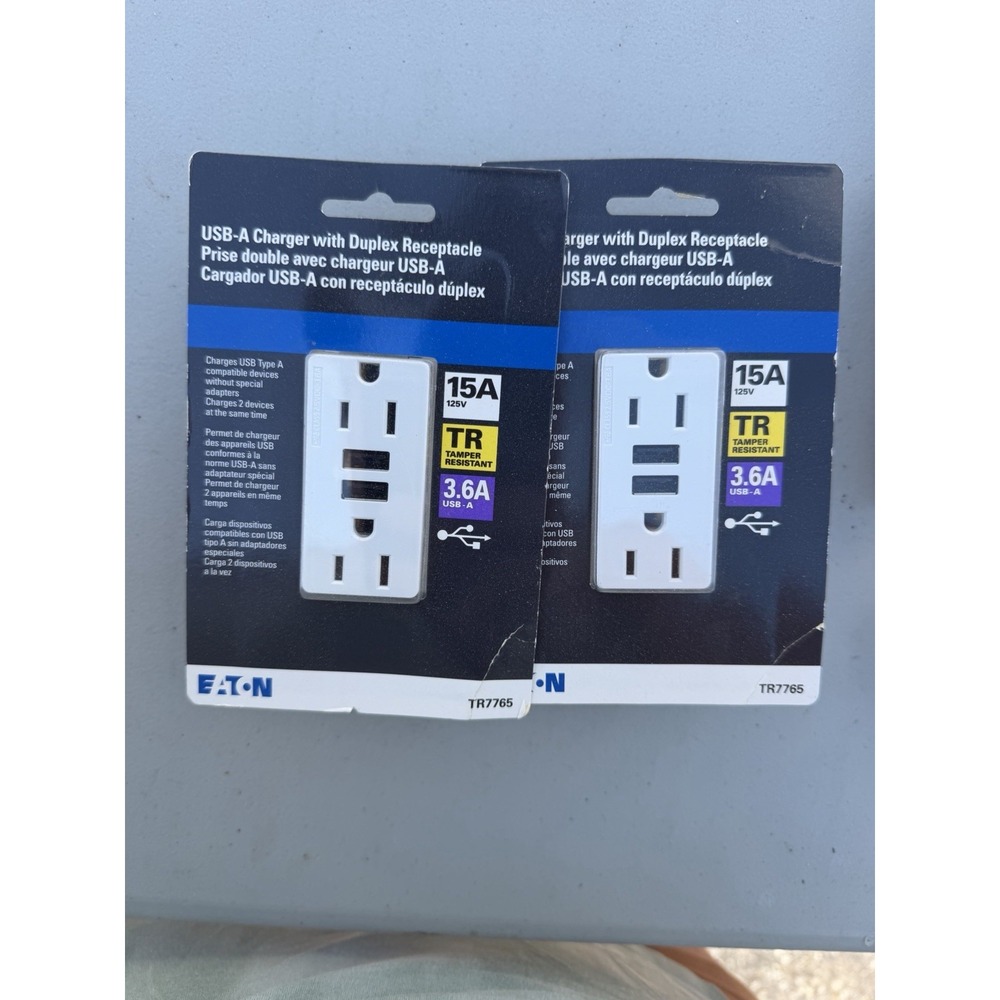 Lot of 2 Eaton TR7765 USB-A 3.6A Charger w/ Duplex Receptacle 125v 15A. P16